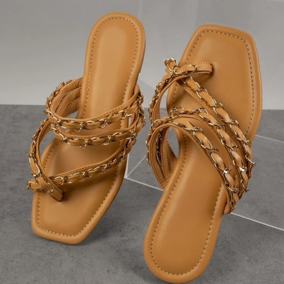 Shoes - Square Toe Chain Decor Strap Sandals- 10